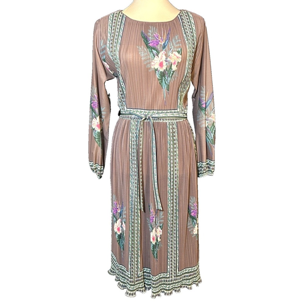 Vintage Hal Ferman Dress 1970s Boho Sheer Brown Pleated Pink Floral Size 12